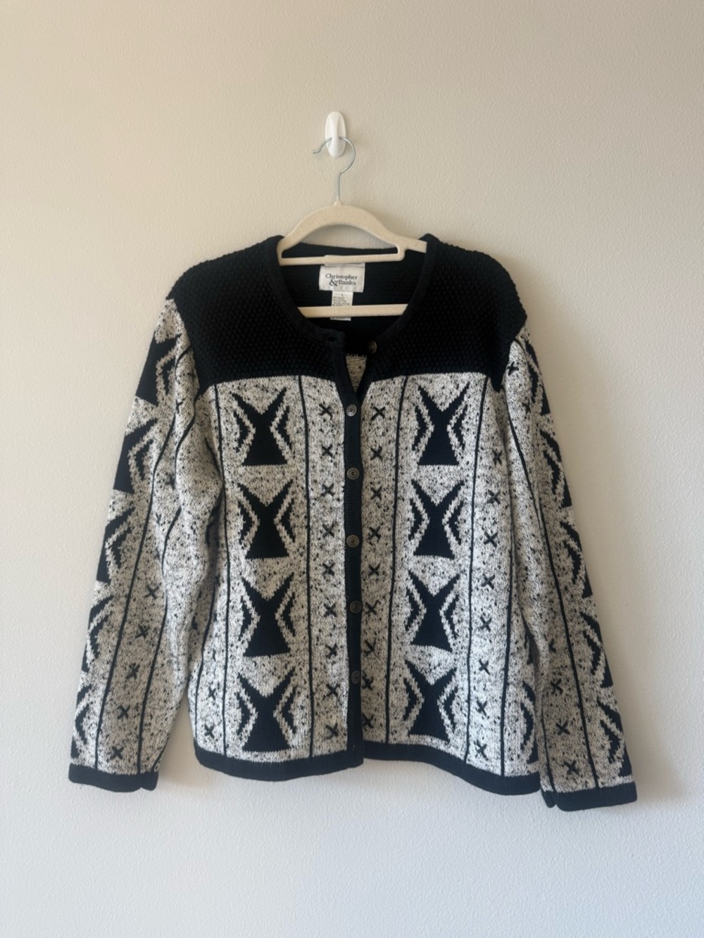 Christopher & Banks Black and White Geometric Knit Hand Embroidered Cardigan